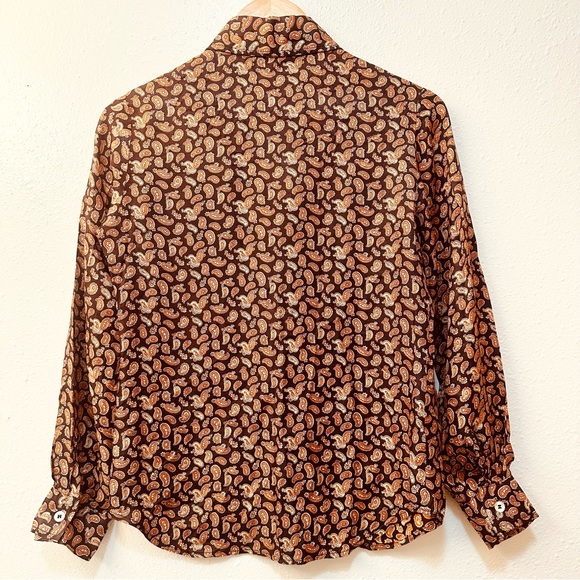 Vintage 70s Country Set Fall Micro Paisley Print Silky Satin Button Front Blouse - Picture 2 of 9